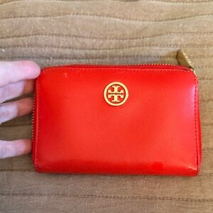 Tory Burch Red Leather Zip Wallet with Gold Logo